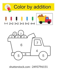 Coloring pages. Color by addition. Vector illustration for children education. Cartoon dump truck. 