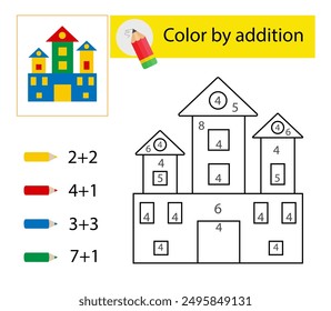 Coloring pages. Color by addition. Vector illustration for kids education. Cartoon castle.