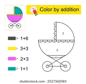 Colorir páginas. Colorir por adição. Ilustração vetorial para educação infantil. Carrinho de bebê de desenhos animados