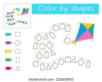 Coloring pages. Color by shapes. Cartoon kite vector. Illustration for children education. Flat design.