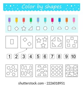 Coloring pages. Color by shapes. Learn numbers with geometric shapes. Vector illustration for children education. Flat design.