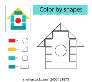 Coloring pages. Color by shapes. Illustration for kids education. Cartoon house. Flat design.