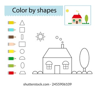 Dibujos para colorear. Color por Formas. Ilustración para la educación infantil. Caricatura linda casa.