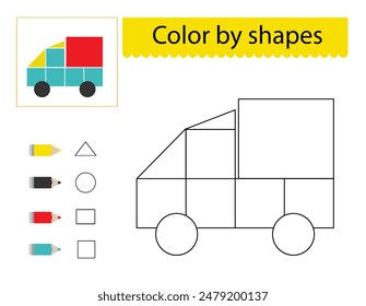 Coloring pages. Color by shapes. Illustration for children education. Cartoon truck. Flat design.