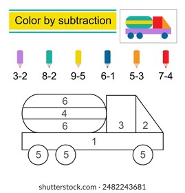 Coloring pages. Color by subtraction. Vector illustration for children education. cartoon car. Flat style design.