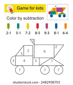 Coloring pages. Color by subtraction. Vector illustration for children education. Cartoon dump truck. 