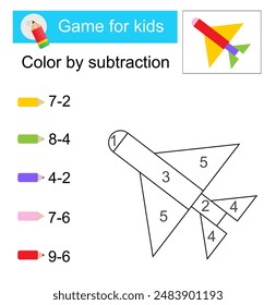 Coloring pages. Color by subtraction. Vector illustration for children education. Cartoon airplane. 