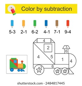 Coloring pages. Color by subtraction. Vector illustration for children education. Cartoon locomotive. 