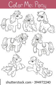 Coloring pages "Color me: Pony". Set of seven little cute pony. They are standing, running, jumping and smiling.