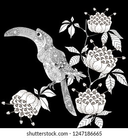 Coloring Pages. Colouring pictures with bird and flowers. Antistress freehand sketch drawing with doodle and zentangle elements.