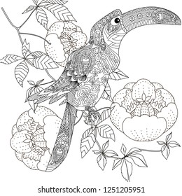 Coloring Pages. Colouring pictures with bird and flowers. Antistress freehand sketch drawing with doodle and zentangle elements.