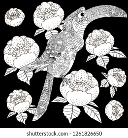 Coloring Pages. Colouring pictures with bird and flowers. Antistress freehand sketch drawing with doodle and zentangle elements.