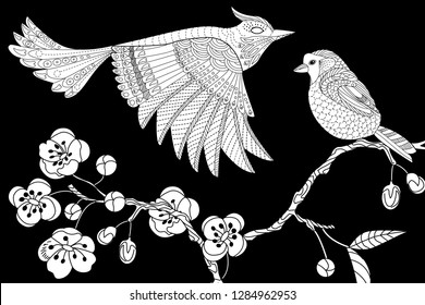 Coloring Pages. Colouring pictures with bird. Antistress freehand sketch drawing with doodle and zentangle elements.
