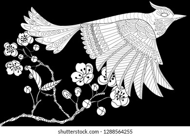 Coloring Pages. Colouring pictures with bird. Antistress freehand sketch drawing with doodle and zentangle elements.