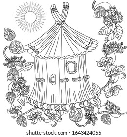 Coloring Pages. Colouring pictures with birdhouse. Linear engraved art. Romantic concept. Vector design