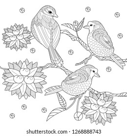 Coloring Pages. Colouring pictures with birds. Antistress freehand sketch drawing with doodle and zentangle elements.