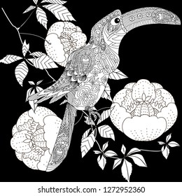 Coloring Pages. Colouring pictures with birds. Antistress freehand sketch drawing with doodle and zentangle elements.