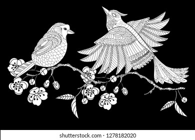 Coloring Pages. Colouring pictures with birds. Antistress freehand sketch drawing with doodle and zentangle elements.