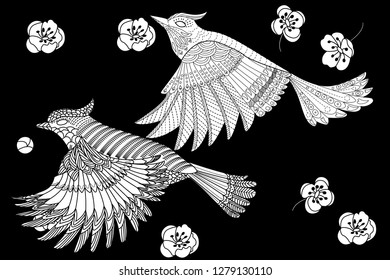 Coloring Pages. Colouring pictures with birds. Antistress freehand sketch drawing with doodle and zentangle elements.