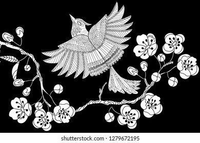 Coloring Pages. Colouring pictures with birds. Antistress freehand sketch drawing with doodle and zentangle elements.