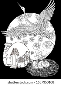 Coloring Pages. Colouring pictures with stork. Linear engraved art. Romantic concept. Vector design