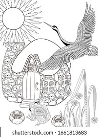 Coloring Pages. Colouring pictures with stork and house. Linear engraved art. Romantic concept. Vector design