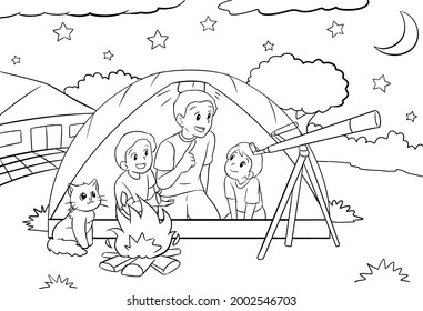 Coloring Pages Contain Family Camping And Use Binoculars To See The Stars Black And White Vector Illustration For Coloring Book