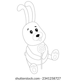 Coloring pages. The contour of a joyful and cheerful hare with a candy in its paws on a white background. Cartoon vector illustration. Beautiful animal.