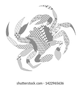Coloring pages with crab, zentangle illustrations for kids and adults coloring book or tattoos with high detail isolated on white background. Vector monochrome sketch. Marine theme. Sea. Animals.