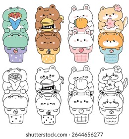 Coloring pages.Set of cute animals on ice cream cone.Frog.Teddy bear.Rabbit bunny.Shiba inu dog.Sweet and dessert.Strawberry,honey,carrot,sakura flower.Animal cartoon.Painting book.Kawaii.Vector.