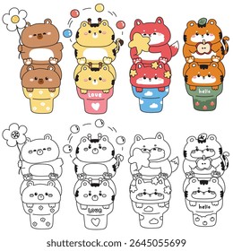 Coloring pages.Set of cute animals on ice cream cone.Capybara.Giraffe.Fox.Tiger.Sweet and dessert.Apple,star,ball,flower.Animal character cartoon design.Painting book.Kawaii.Vector.Illustration