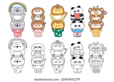 Coloring pages.Set of cute animals on ice cream cone.Koala.Sloth.Teddy panda bear.Monkey.Lion.Sweet and dessert.Rainbow,heart paper mail,butterfly,heart,banana.Animal cartoon.Painting book.Kawaii.