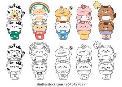 Coloring pages.Set of cute animals on ice cream cone.Cow.Sheep.Chicken and hen.Pig.Horse.Sweet and dessert.Honeycomb,rainbow,egg,heart,star.Animal character cartoon design.Painting book.