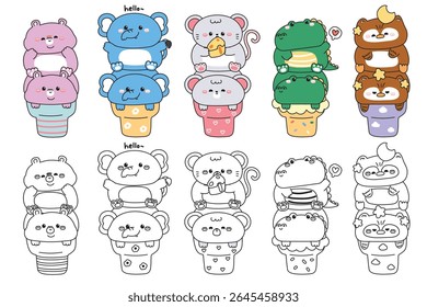 Coloring pages.Set of cute animals on ice cream cone.Hippopotamus.Elephant.Rat mouse.Crocodile.Owl.Sweet and dessert.Cheese,heart,moon,star.Animal cartoon.Kawaii