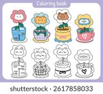 Coloring pages.Set of cute animals in various flower plant pot.Nature and floral.Rabbit,cat,bear,penguin hand drawn.Cartoon.Painting book.Kawaii.Vector.Illustration.