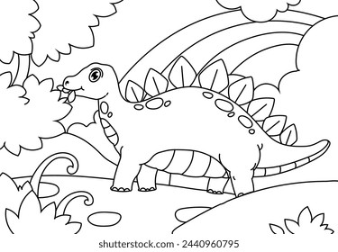 Coloring Pages Cute Apatosaurus Dinosaur of meadows, trees, mountains and clouds. Printable Coloring book Outline black and white.