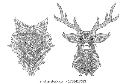 Coloring pages. Cute beautiful two wolves stands and howling. coloring book