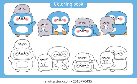 Coloring pages.Set of cute big penguin and tiny seal stay together in various poses.Friendship.Love.Polar bird and mammal animal character cartoon.Painting book.Kawaii.Vector.Illustration.