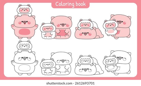 Coloring pages.Set of cute big pig and tiny sheep stay together in various poses.Friendship.Love.Farm animal character cartoon.Painting book.Kawaii.Vector.Illustration.