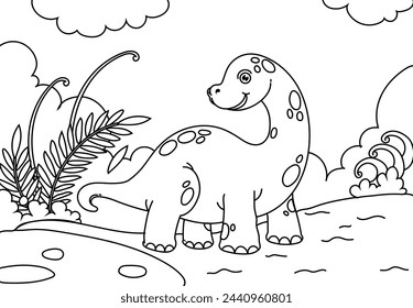 Coloring Pages Cute Brontosaurus Dinosaur of meadows, trees, mountains and clouds. Printable Coloring book Outline black and white.