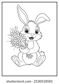 coloring pages of a cute bunny holding a bouquet of colorful flowers for children's coloring books, fun and educational materials.

