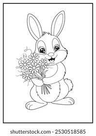 páginas de coloração de um coelho bonito segurando um buquê de flores coloridas para livros de coloração das crianças, materiais divertidos e educativos.

