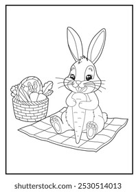 Coloring pages of a cute bunny sitting and munching a big carrot for children's coloring books, fun and educational materials.
