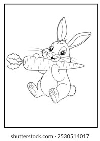 Coloring pages of a cute bunny sitting and munching a big carrot for children's coloring books, fun and educational materials.
