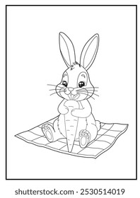 Coloring pages of a cute bunny sitting and munching a big carrot for children's coloring books, fun and educational materials.
