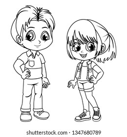 Coloring Pages with Cute Cartoon Boy and Girl in Beautiful Clothes. Happy Little Kids Vector Black and White Illustration Isolated on White Background. Coloring Book for Children