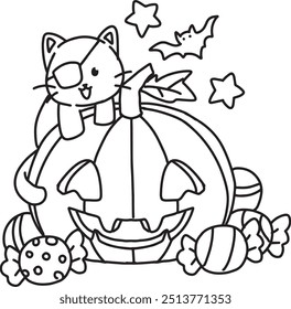 coloring pages with cute cat halloween theme