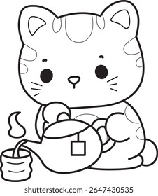 Coloring pages of cute cat with various activities.
outline of Kitty pouring a hot tea