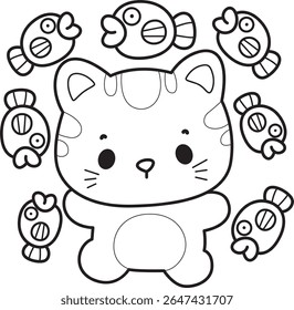 Coloring pages of cute cat with various activities.
outline of cat with a lot of fish