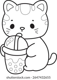 Colorir páginas de gato bonito com várias atividades.
esboço de Kitty bebendo um chá Boba